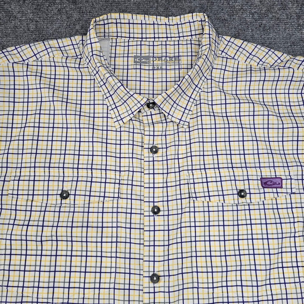 Drake Waterfowl Shirt Mens 2XL Purple Gold Plaid Short Sleeve Fishing Vented LSU